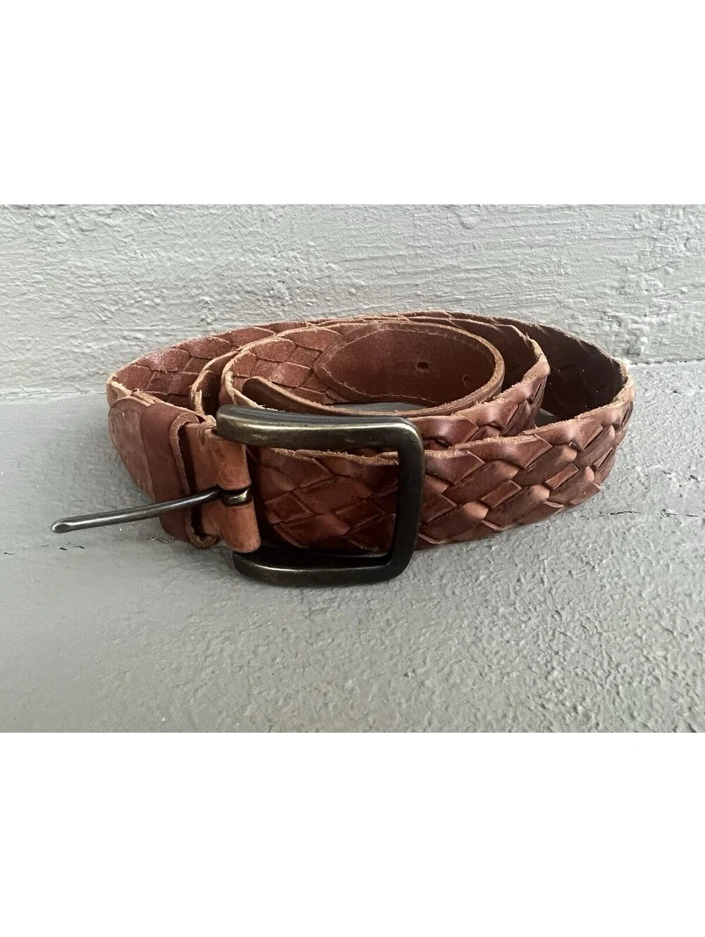 Duluth Trading CO Mens 44 Brown Leather Braided Woven Belt OD-Buckle